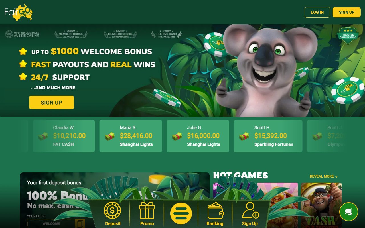 Fair Go Casino homepage screenshot